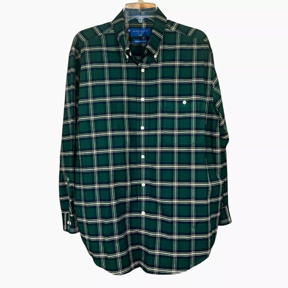 Towncraft Mens Wrinkle-free Long Sleeve Button down Shirt Green Plaid Size L - Picture 1 of 6